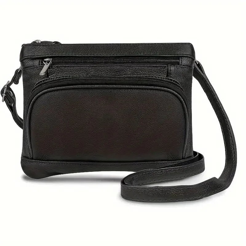 Multi-Pocket Wide Crossbody Wide Leather Bag