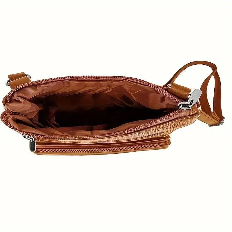 Multi-Pocket Wide Crossbody Wide Leather Bag