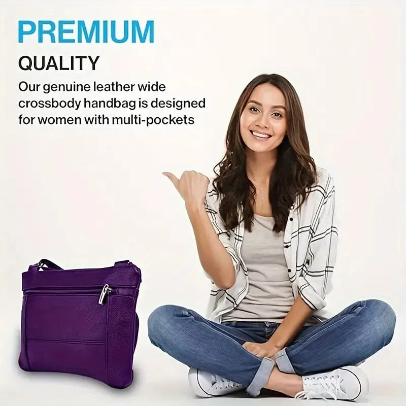 Multi-Pocket Wide Crossbody Wide Leather Bag