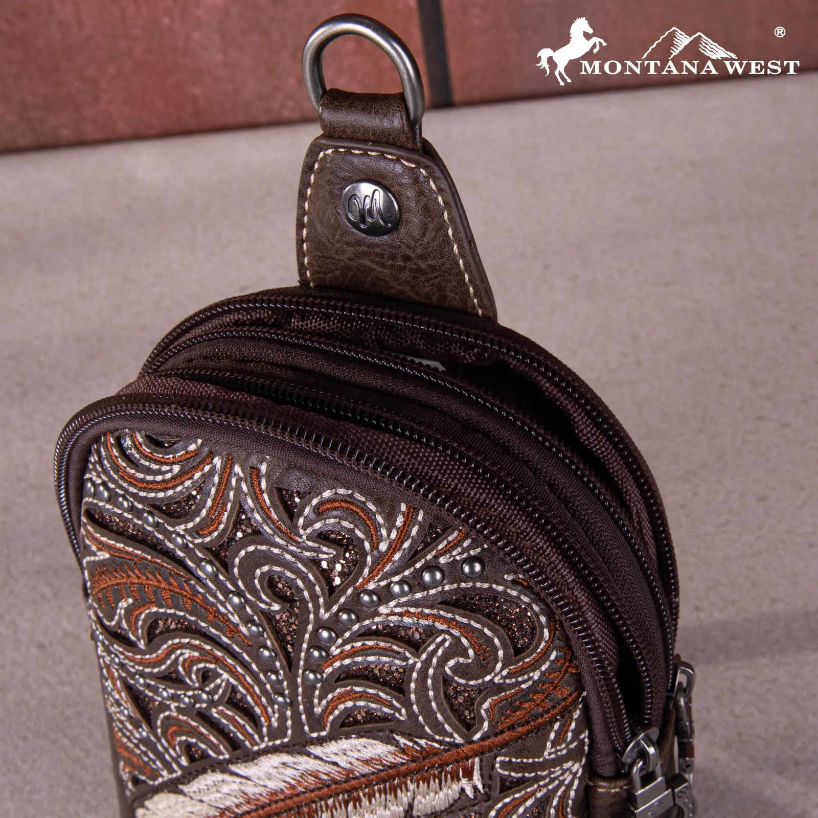 MW1133-210  Montana West Embroidered Feather Cut-Out Floral Sling Bag