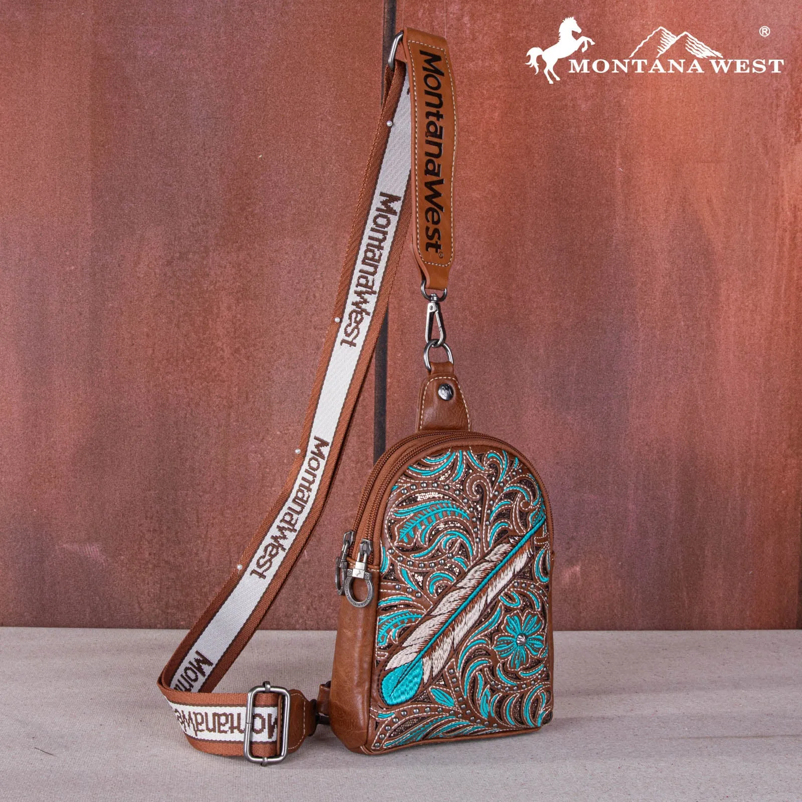 MW1133-210  Montana West Embroidered Feather Cut-Out Floral Sling Bag