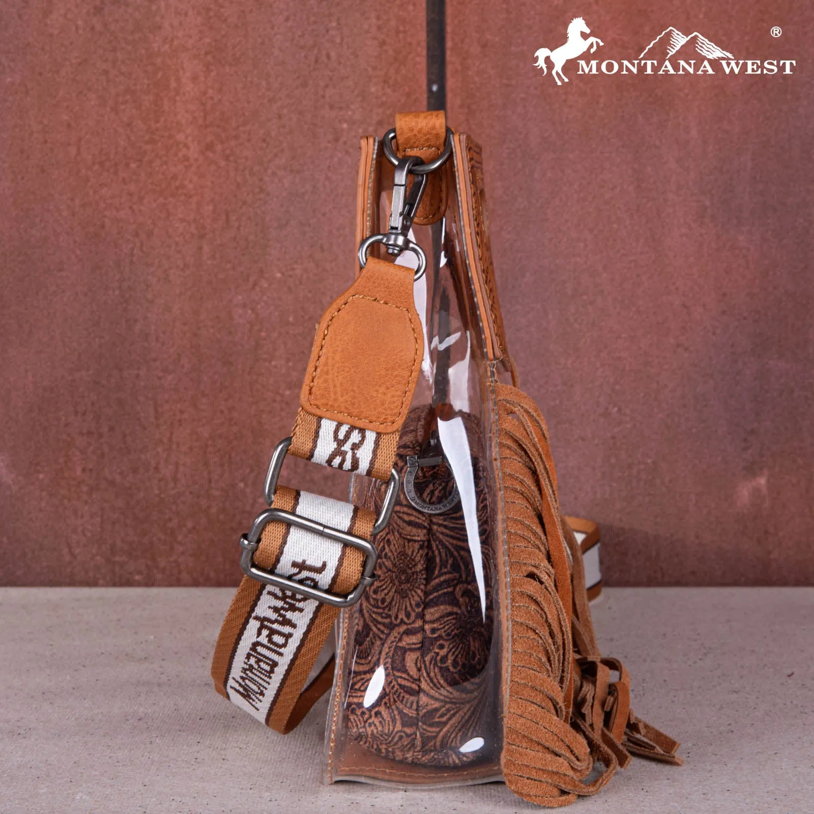 MW1251-199  Montana West Western Fringe Stadium Clear Crossbody Bag with Detachable Pouch - Light Brown