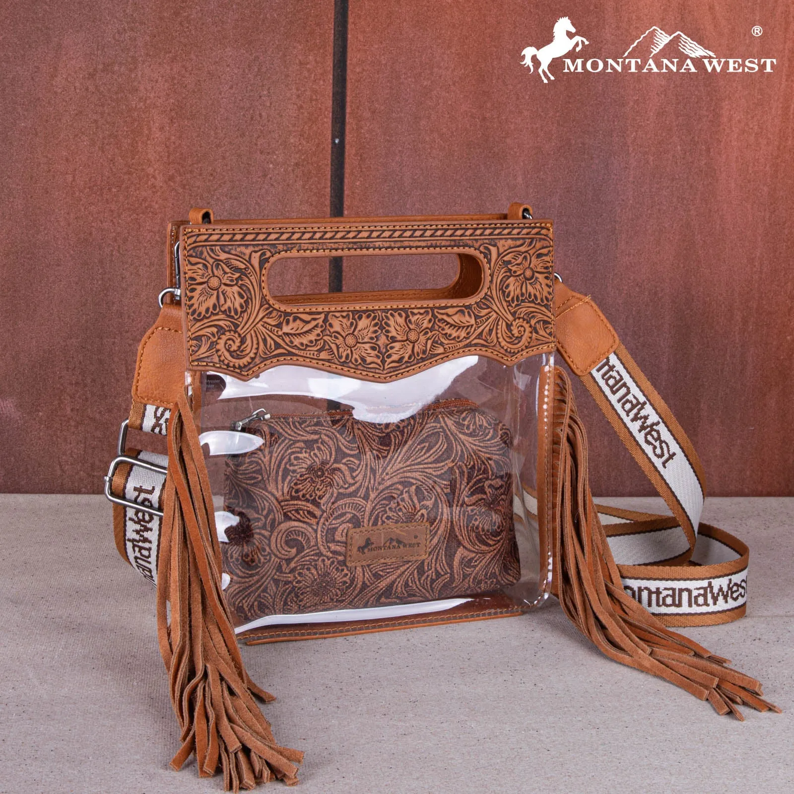 MW1251-199  Montana West Western Fringe Stadium Clear Crossbody Bag with Detachable Pouch - Light Brown