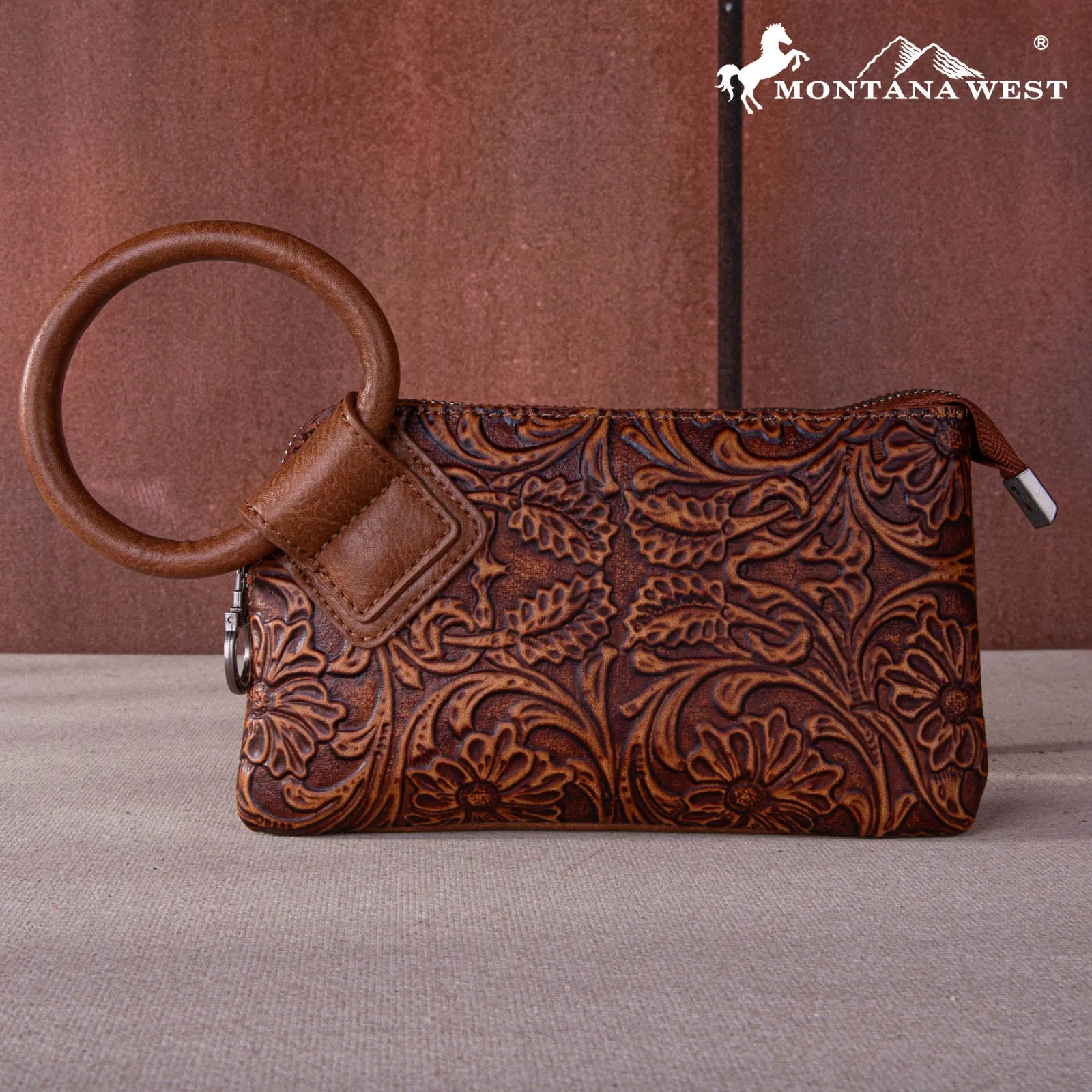 MW1260-B181 Montana West Floral Tooled Ring Handle Wristlet Clutch Bag