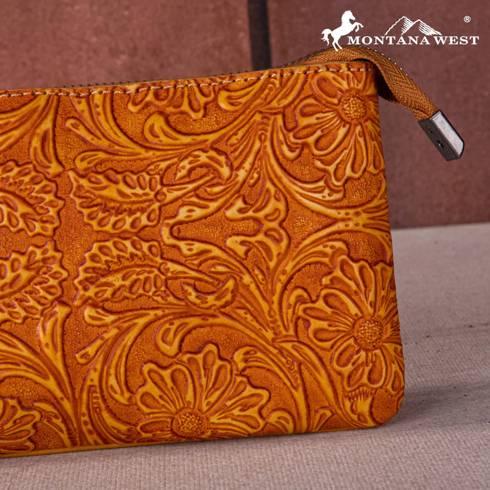 MW1260-B181 Montana West Floral Tooled Ring Handle Wristlet Clutch Bag