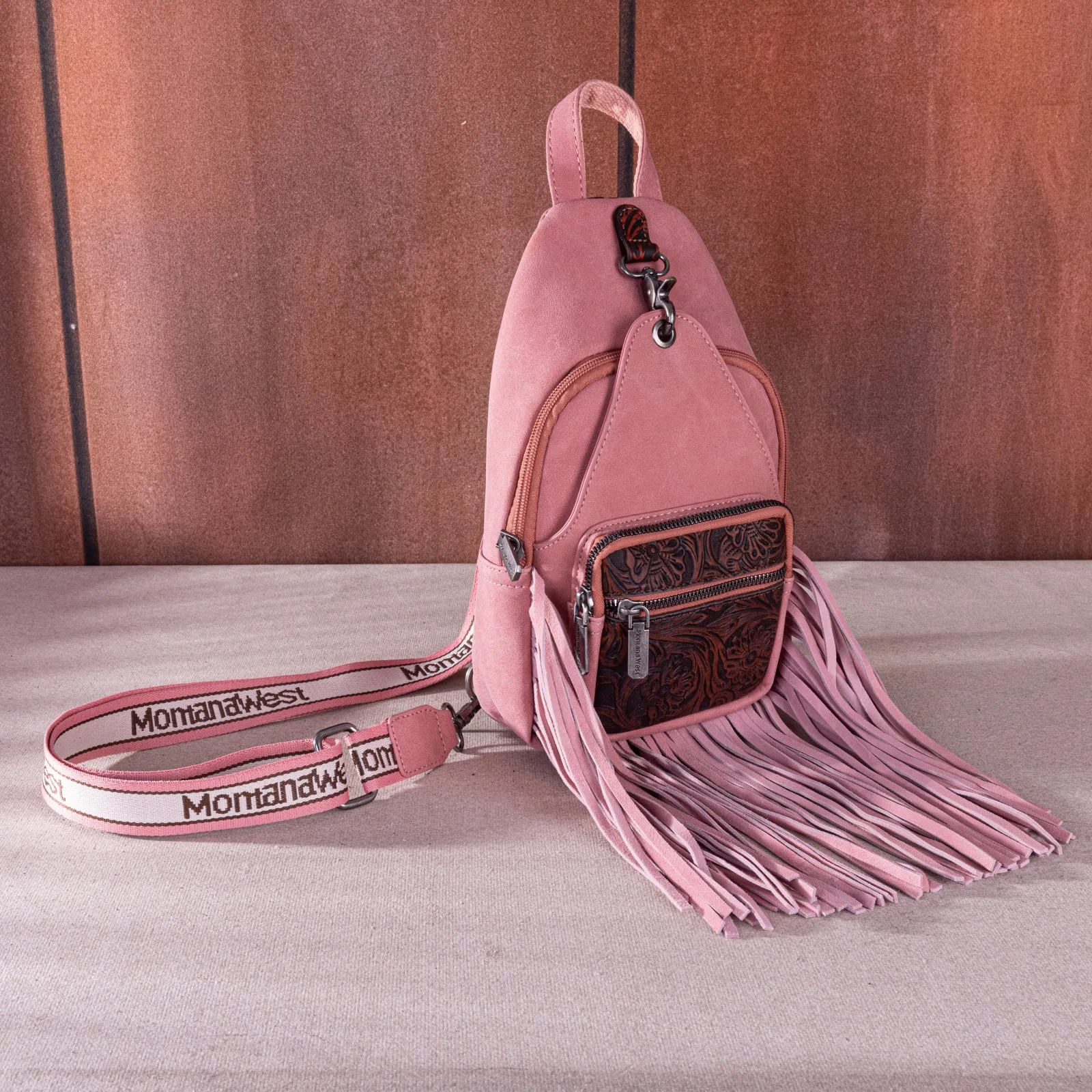 MW1276-S9110   Montana West Tooled Fringe Sling Bag - Pink