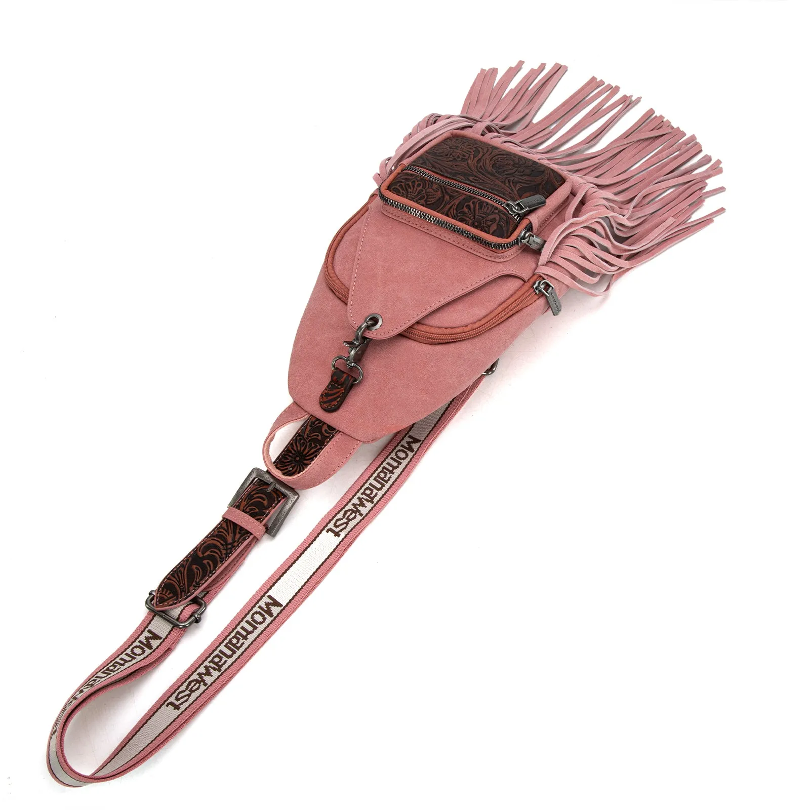 MW1276-S9110   Montana West Tooled Fringe Sling Bag - Pink