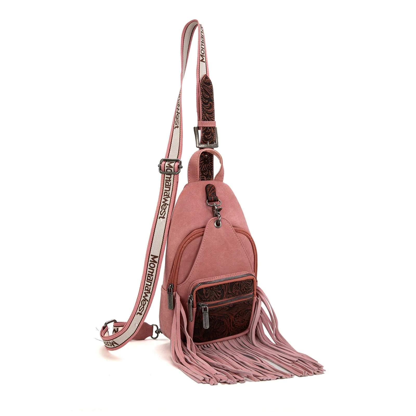 MW1276-S9110   Montana West Tooled Fringe Sling Bag - Pink