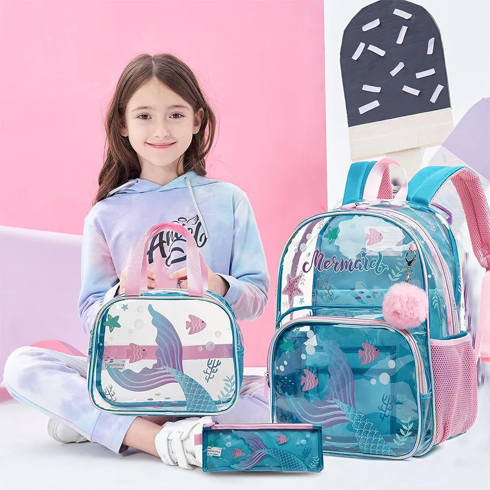 (NET) Mermaid Backpack 13" for Girls Backpack with Lunch Box Set for Elementary Kindergarten Student Kids Clear School Bag for Girls  Set 3 pcs / 14101-3