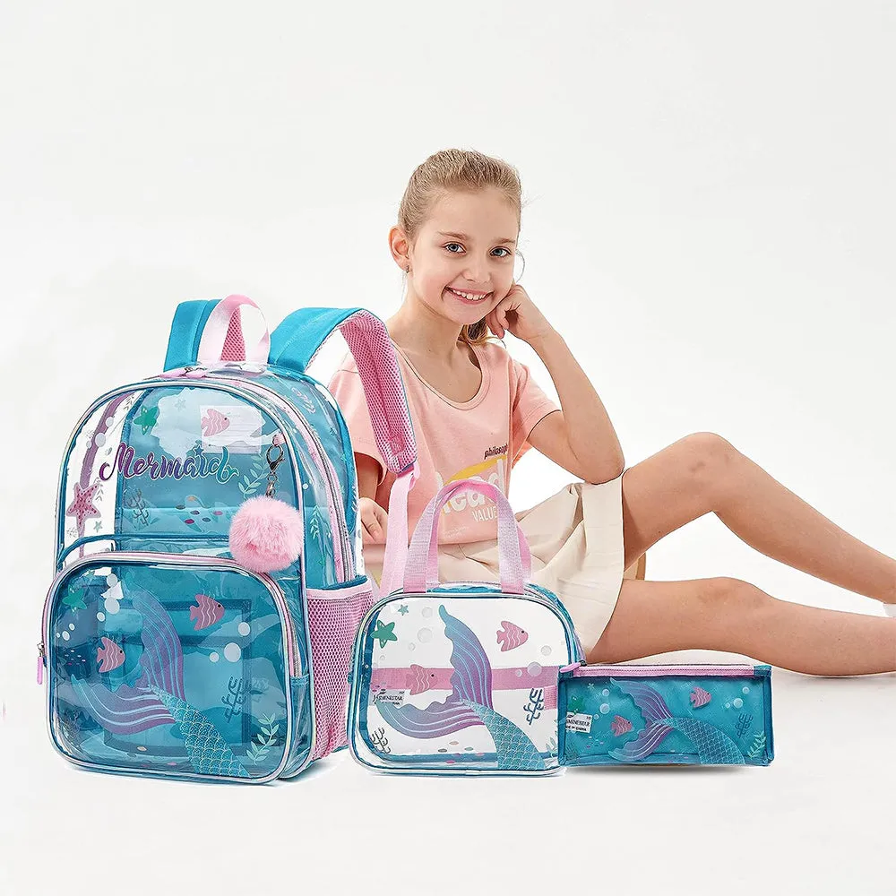 (NET) Mermaid Backpack 13" for Girls Backpack with Lunch Box Set for Elementary Kindergarten Student Kids Clear School Bag for Girls  Set 3 pcs / 14101-3