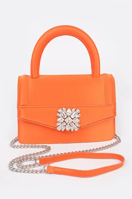 Orange Satin Stone Buckle Top Handle Bag