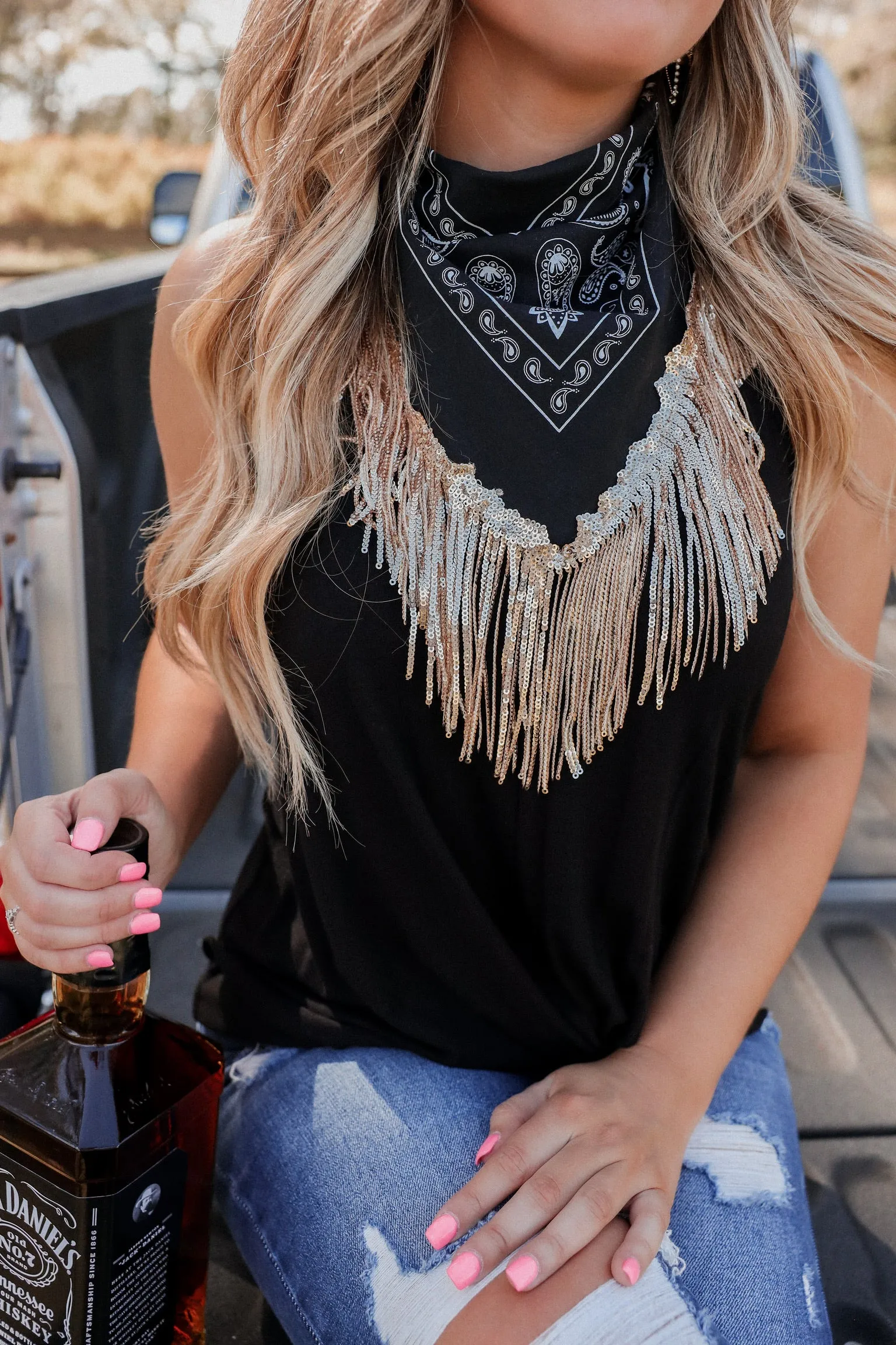 Paisley Print Bling Fringe Bandana - Black/Sequin