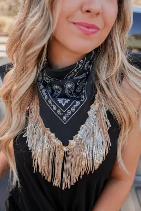 Paisley Print Bling Fringe Bandana - Black/Sequin