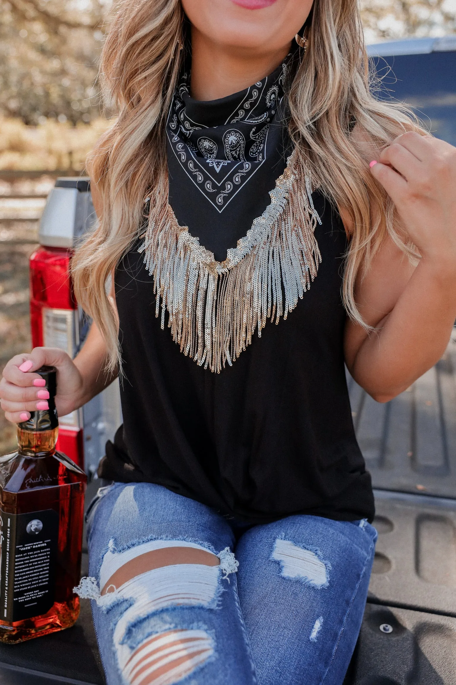 Paisley Print Bling Fringe Bandana - Black/Sequin