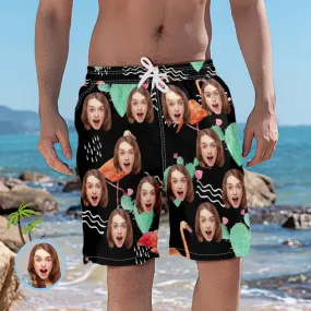 Personalized Beach Shorts for Men with Flamingos and Cacti Custom Face Swim Trunks