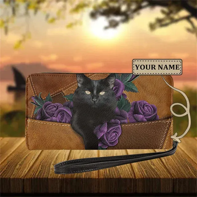 Personalized Cat Lovers Wristband Wallets Cute Cats Pattern Women PU Leather Clutch Wallet Female Long Card Purse Custom Name