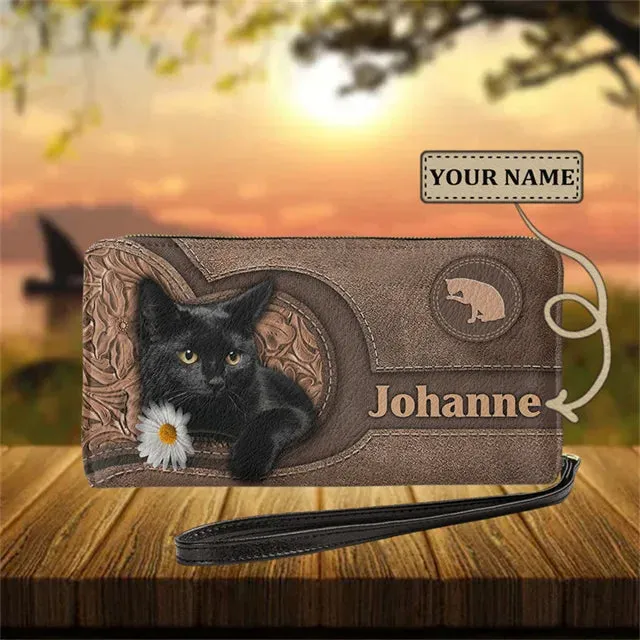 Personalized Cat Lovers Wristband Wallets Cute Cats Pattern Women PU Leather Clutch Wallet Female Long Card Purse Custom Name