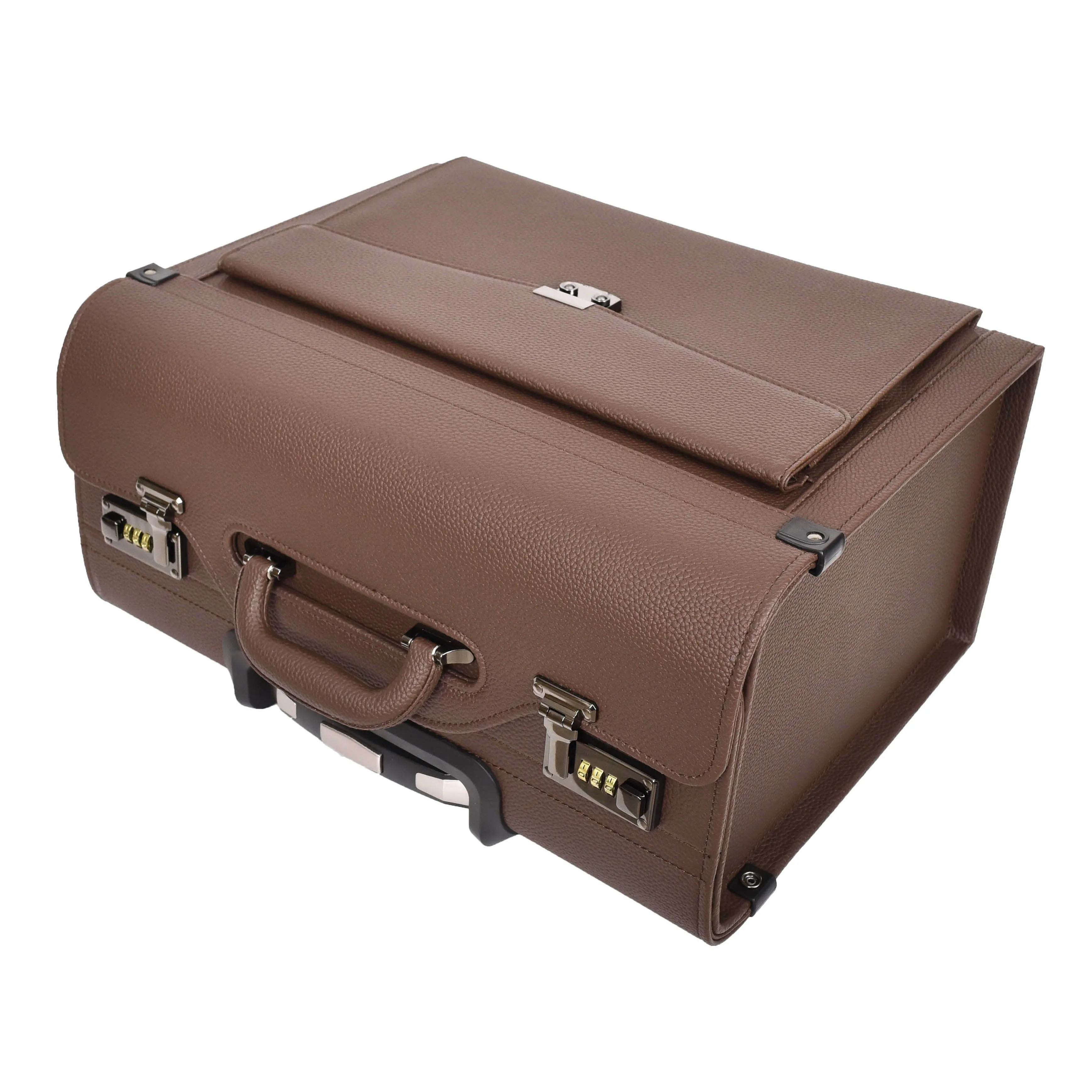 Pilot Case Faux Leather 4 Wheels Cabin Size Dual Lock Business Travel Bag Aero Brown