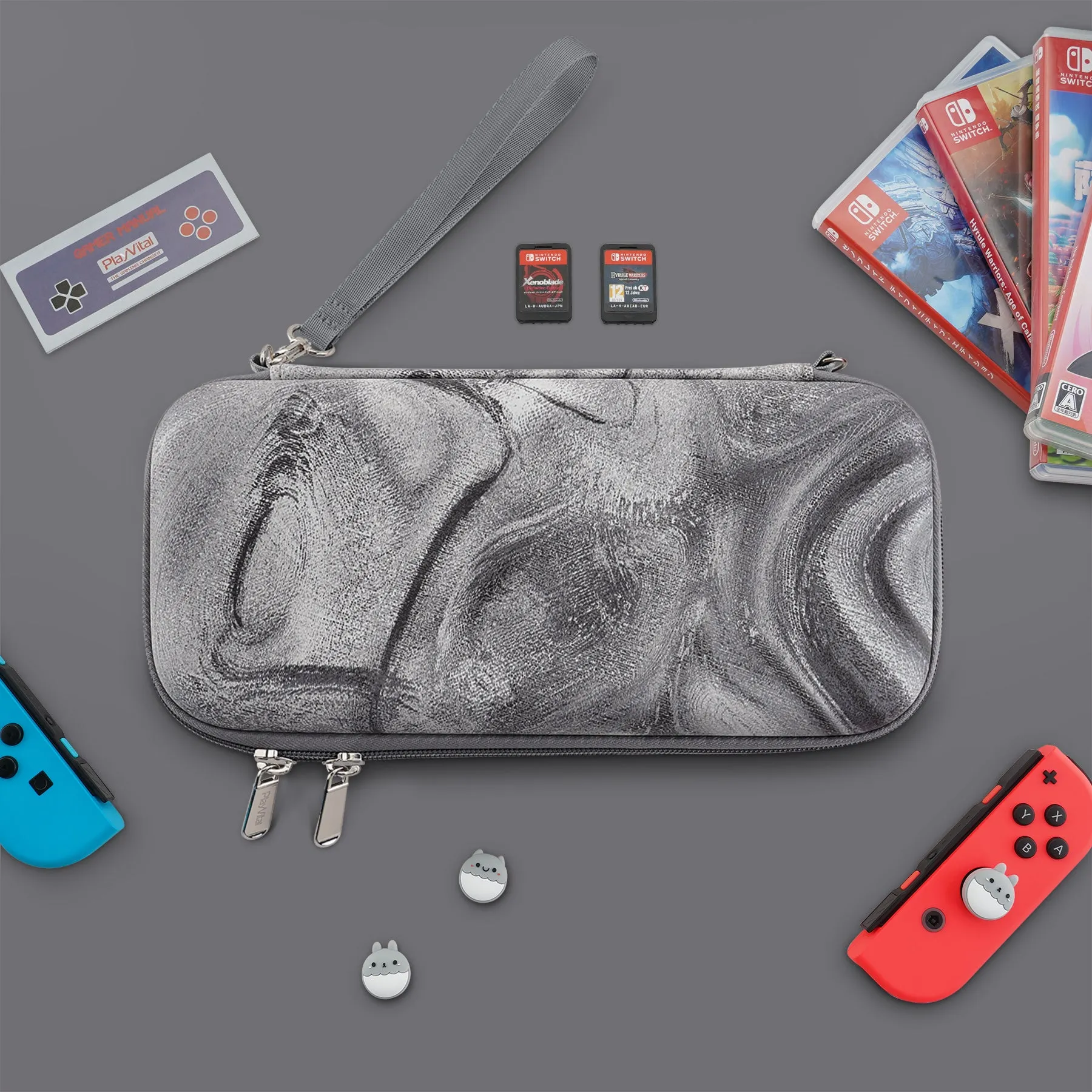 PlayVital Carrying Case for Nintendo Switch & Switch OLED, Portable Pouch Storage Handbag Travel Bag Protective Hard Case for Switch Console w/Thumb Grip Caps & 10 Game Card Slots - Silver Swirl - NTW007