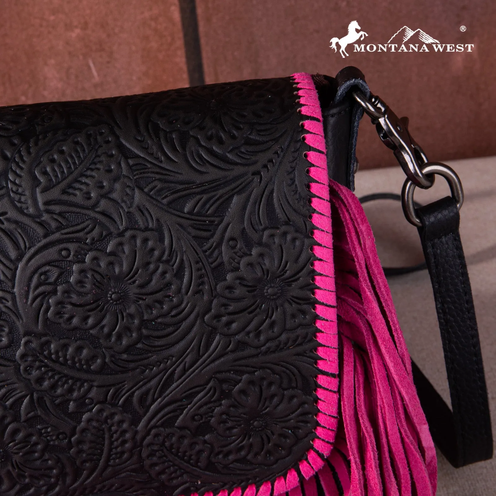 RLC-L159 Montana West Genuine Leather Tooled Collection Fringe Crossbody Black-Hot Pink