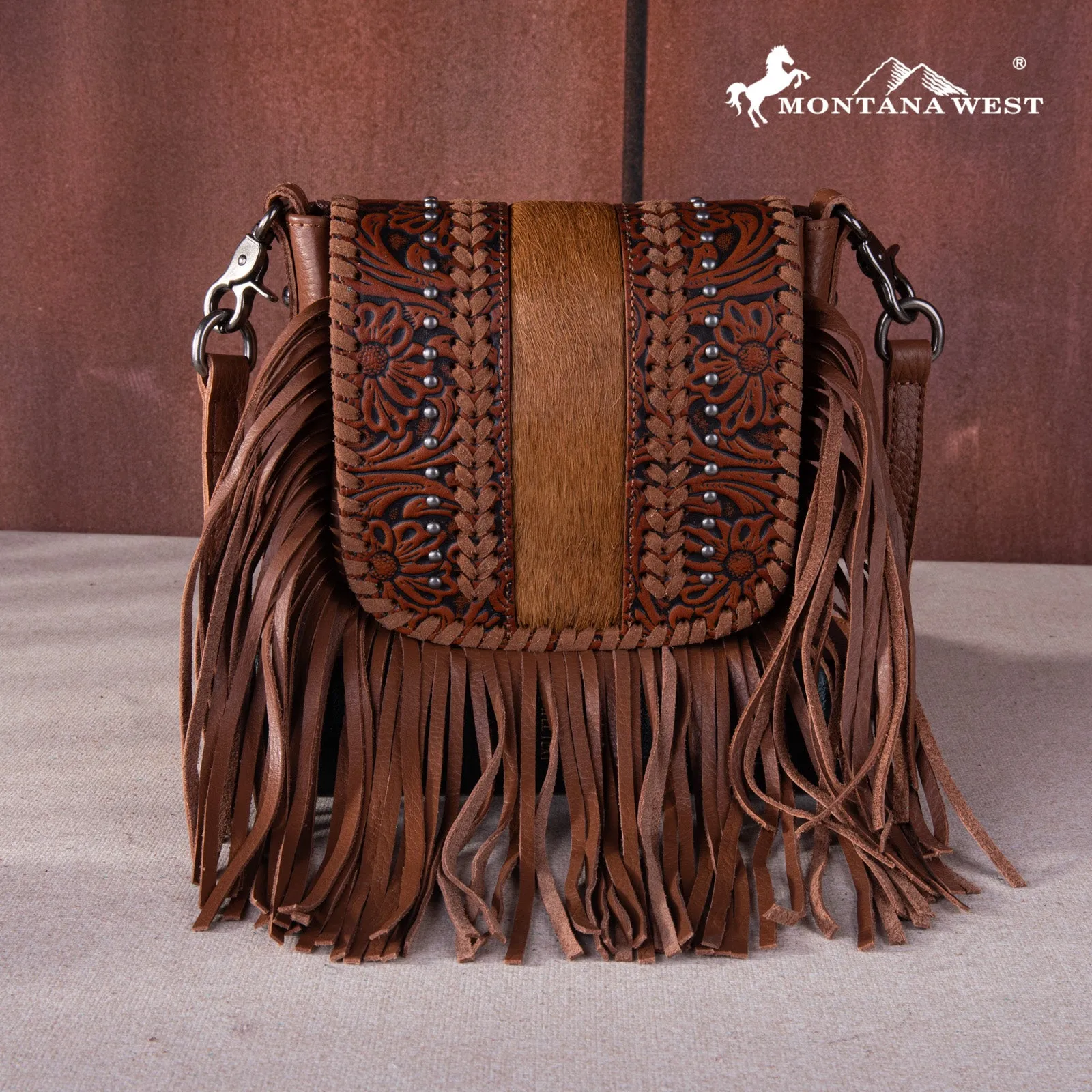 RLC-L168 Montana West Genuine Leather Tooled Collection Fringe Crossbody