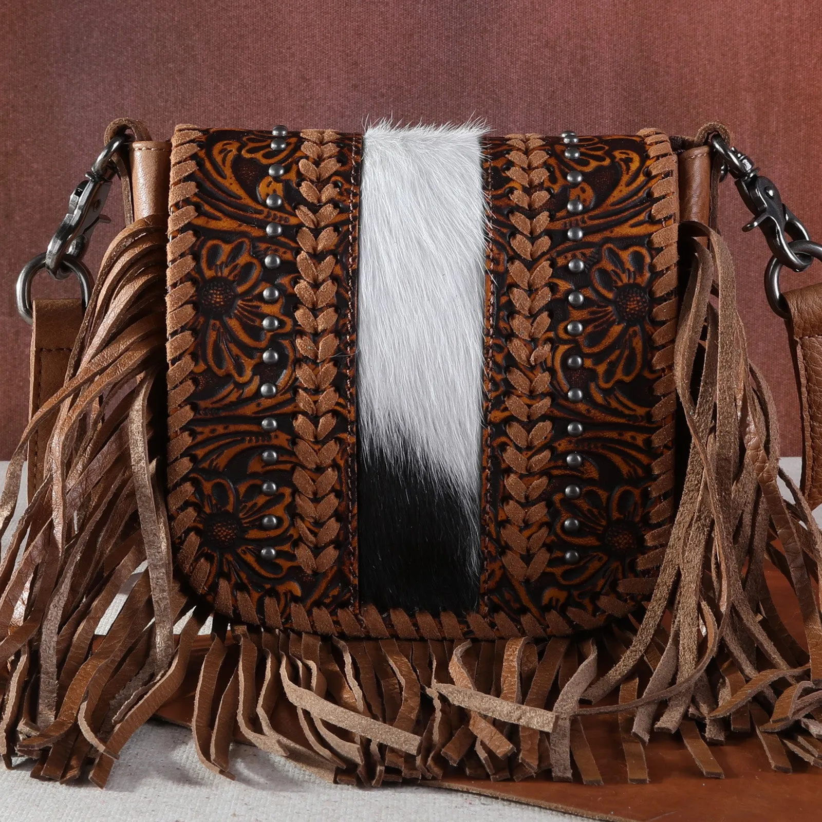 RLC-L168 Montana West Genuine Leather Tooled Collection Fringe Crossbody