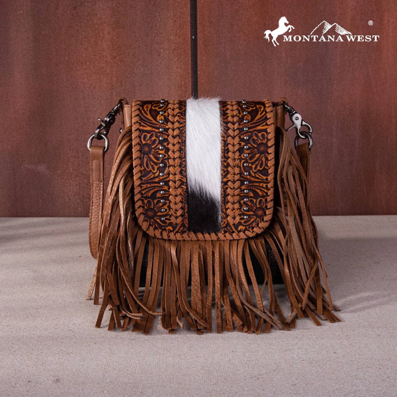 RLC-L168 Montana West Genuine Leather Tooled Collection Fringe Crossbody