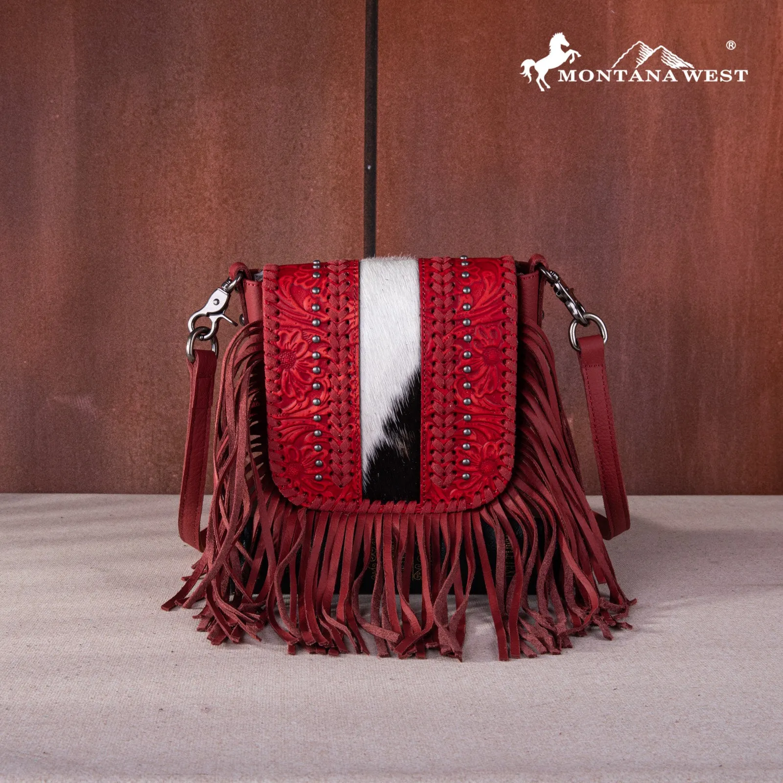 RLC-L168 Montana West Genuine Leather Tooled Collection Fringe Crossbody