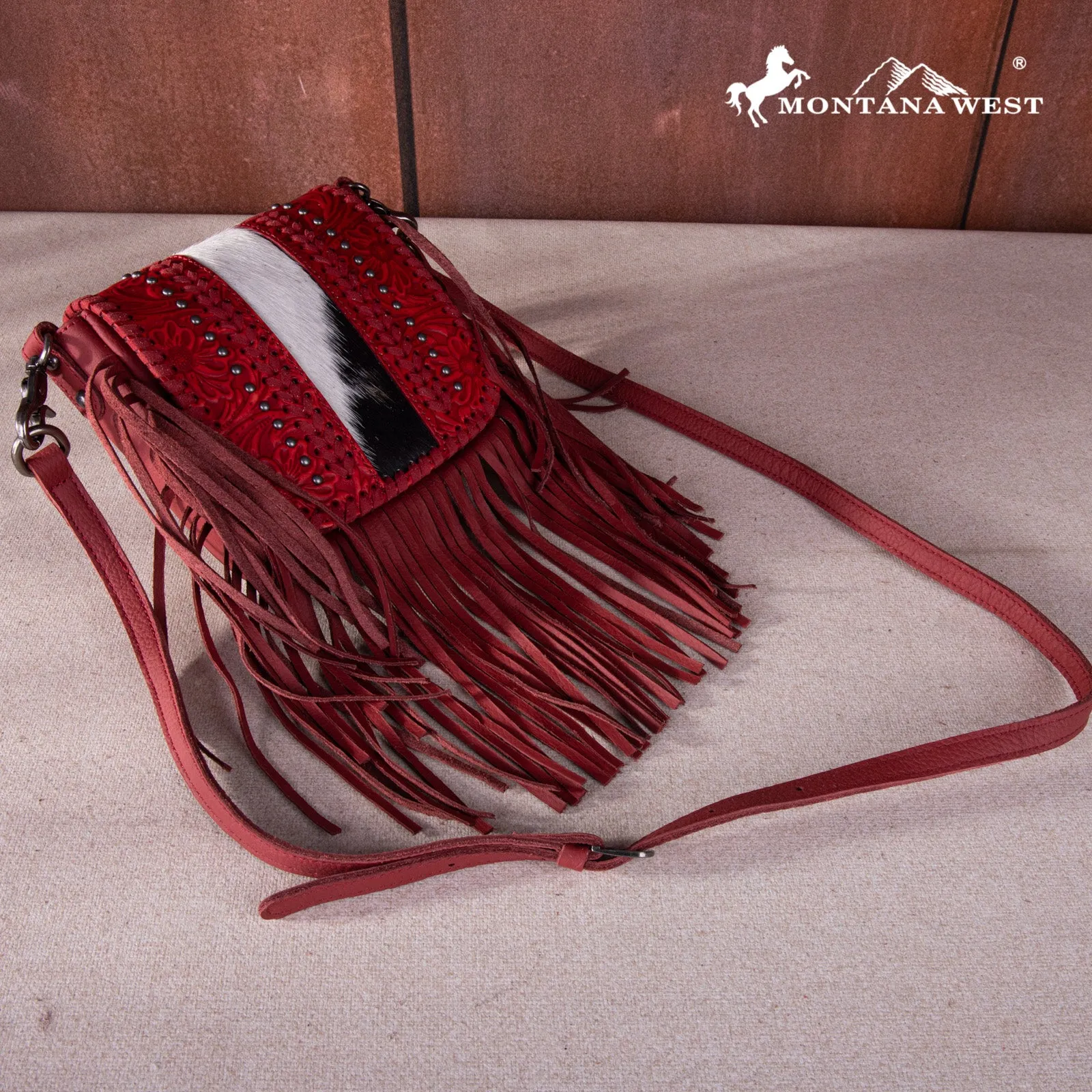 RLC-L168 Montana West Genuine Leather Tooled Collection Fringe Crossbody