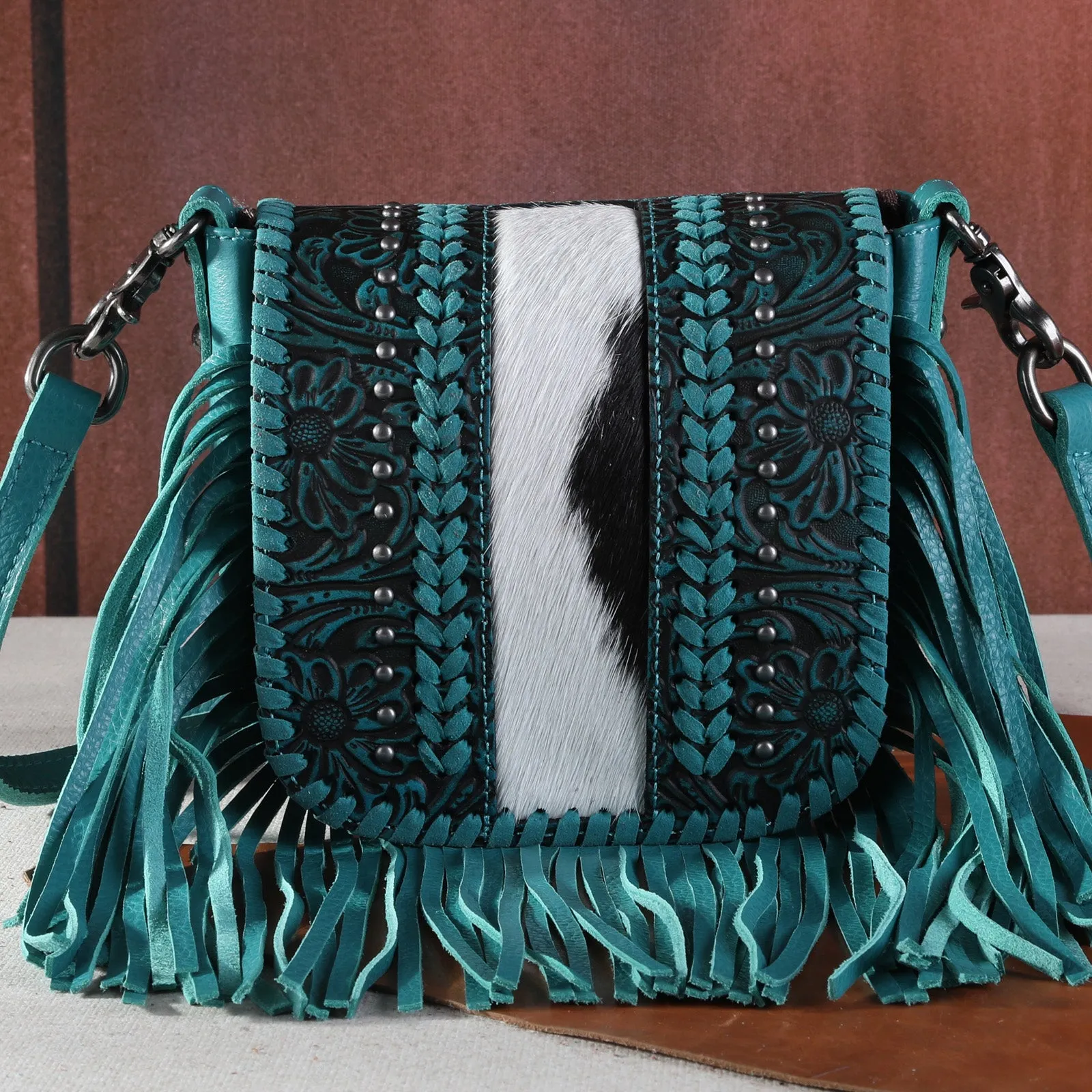 RLC-L168 Montana West Genuine Leather Tooled Collection Fringe Crossbody