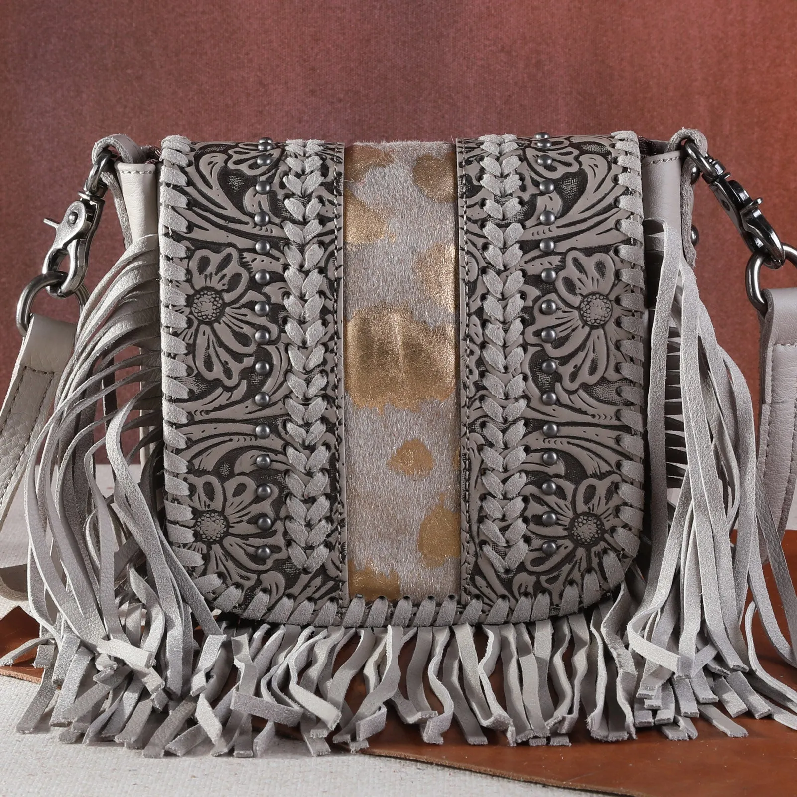 RLC-L168 Montana West Genuine Leather Tooled Collection Fringe Crossbody