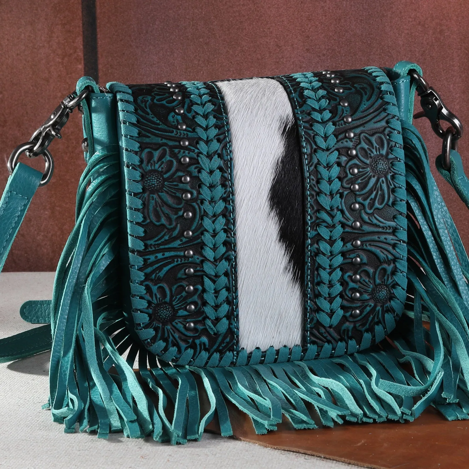 RLC-L168 Montana West Genuine Leather Tooled Collection Fringe Crossbody