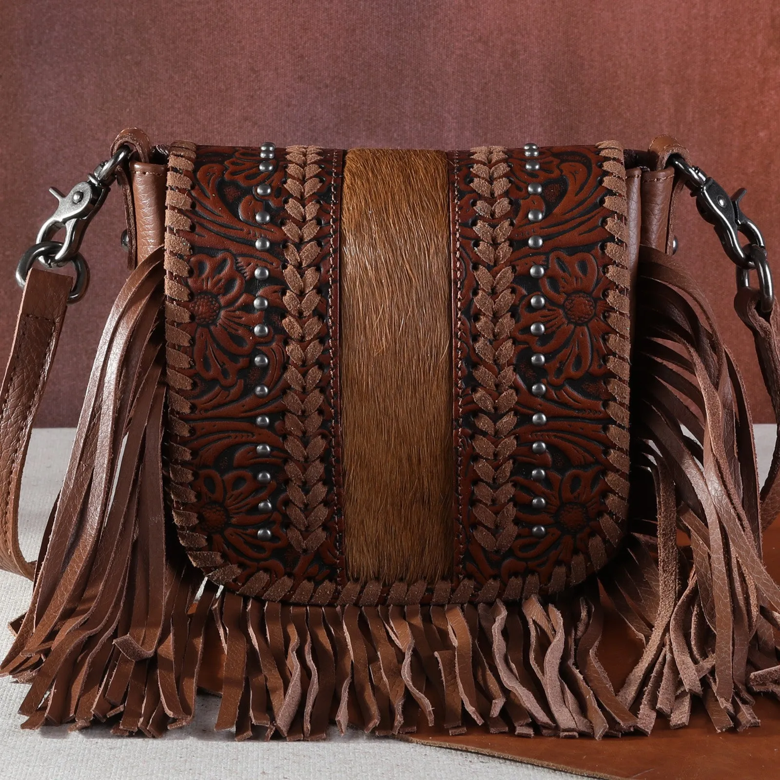 RLC-L168 Montana West Genuine Leather Tooled Collection Fringe Crossbody