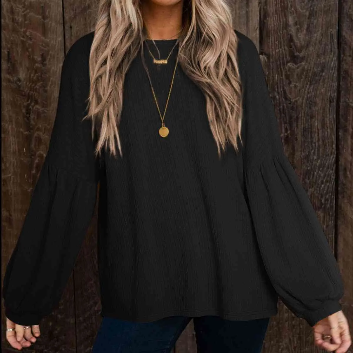 Round Neck Long Sleeve Ruched Blouse