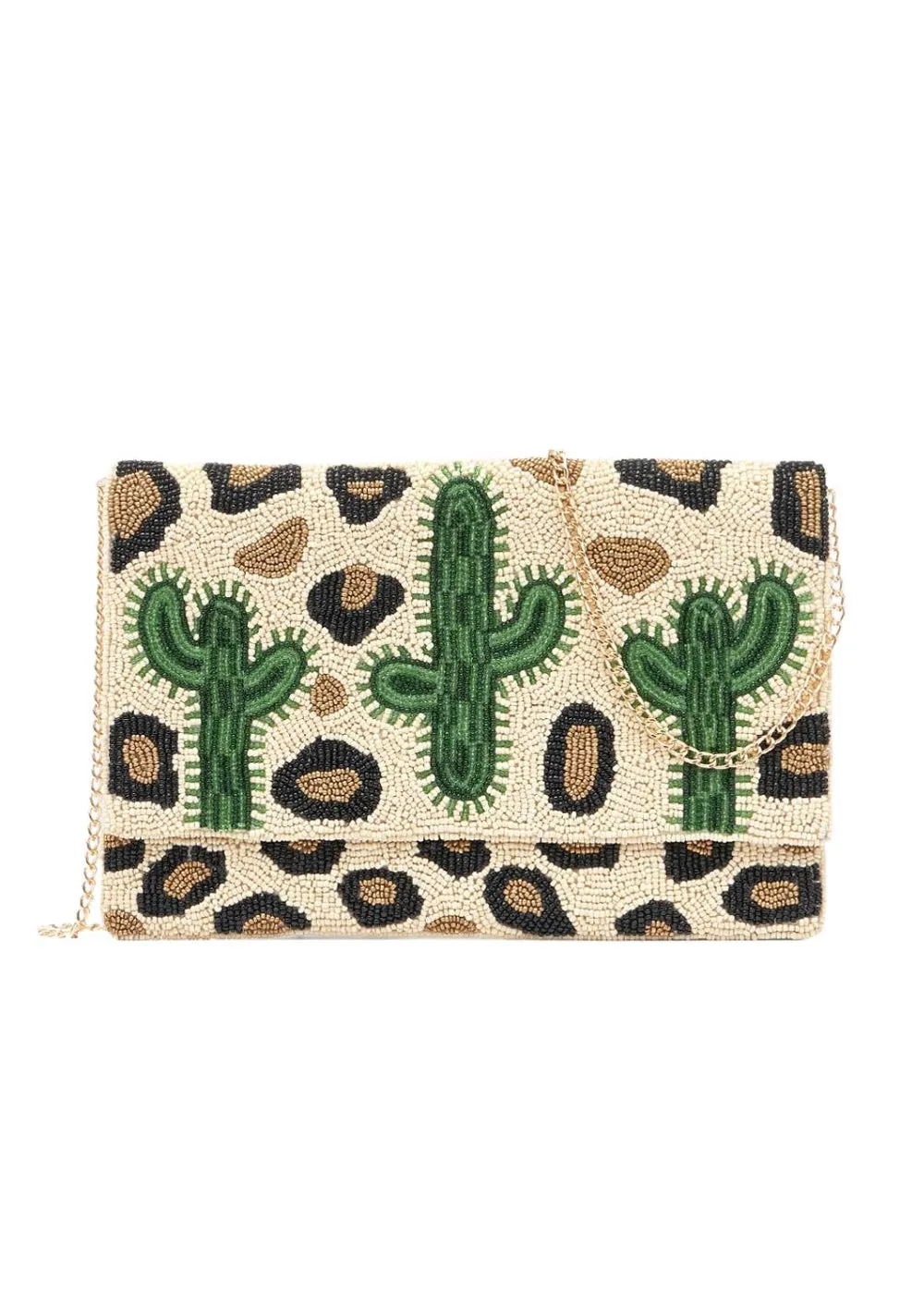 Seed Beaded Leopard Patterned Cactus Clutch