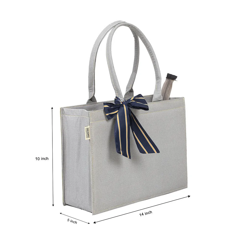 Self-Printed Grey Tote Bag with Blue Knot Accent – Versatile and Chic