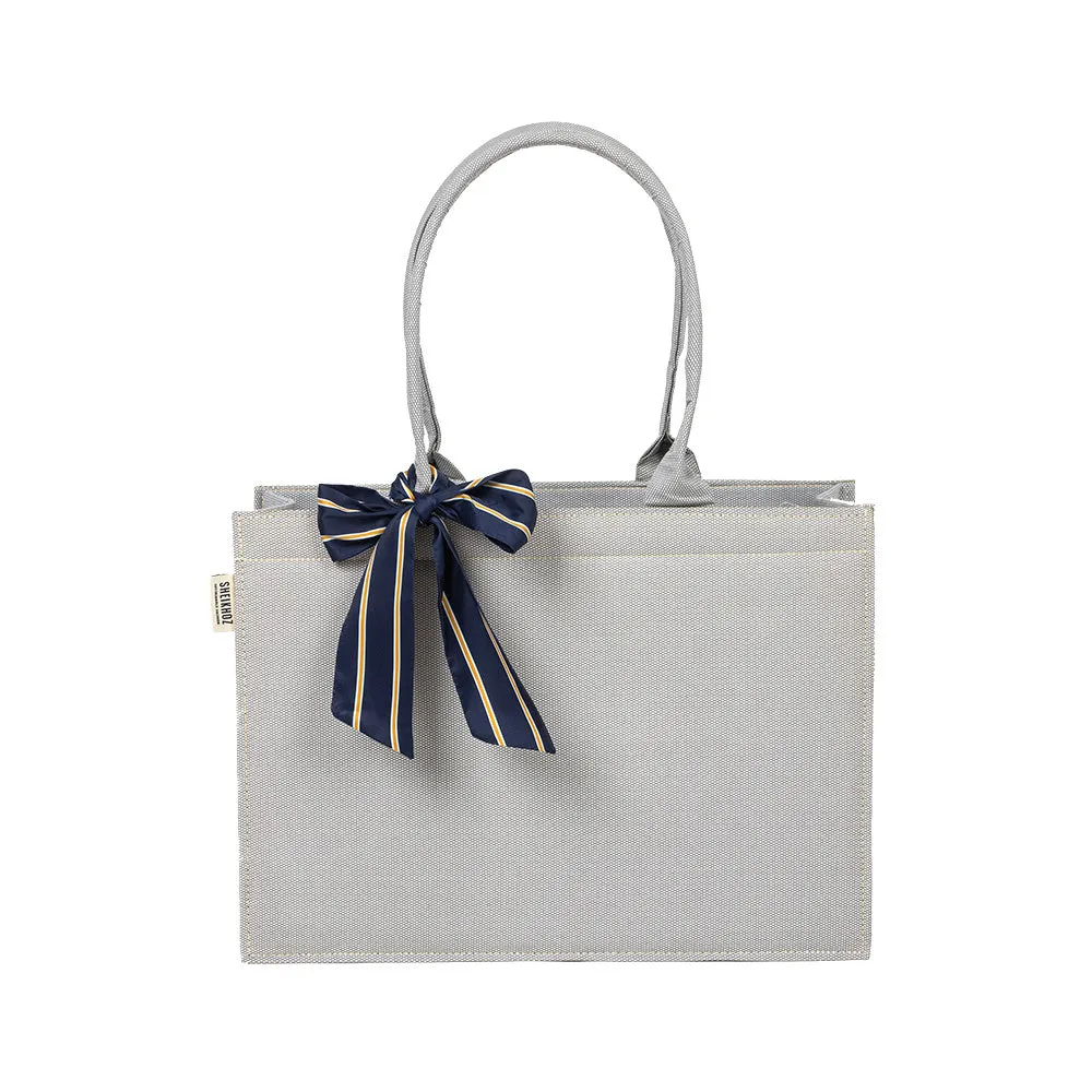 Self-Printed Grey Tote Bag with Blue Knot Accent – Versatile and Chic