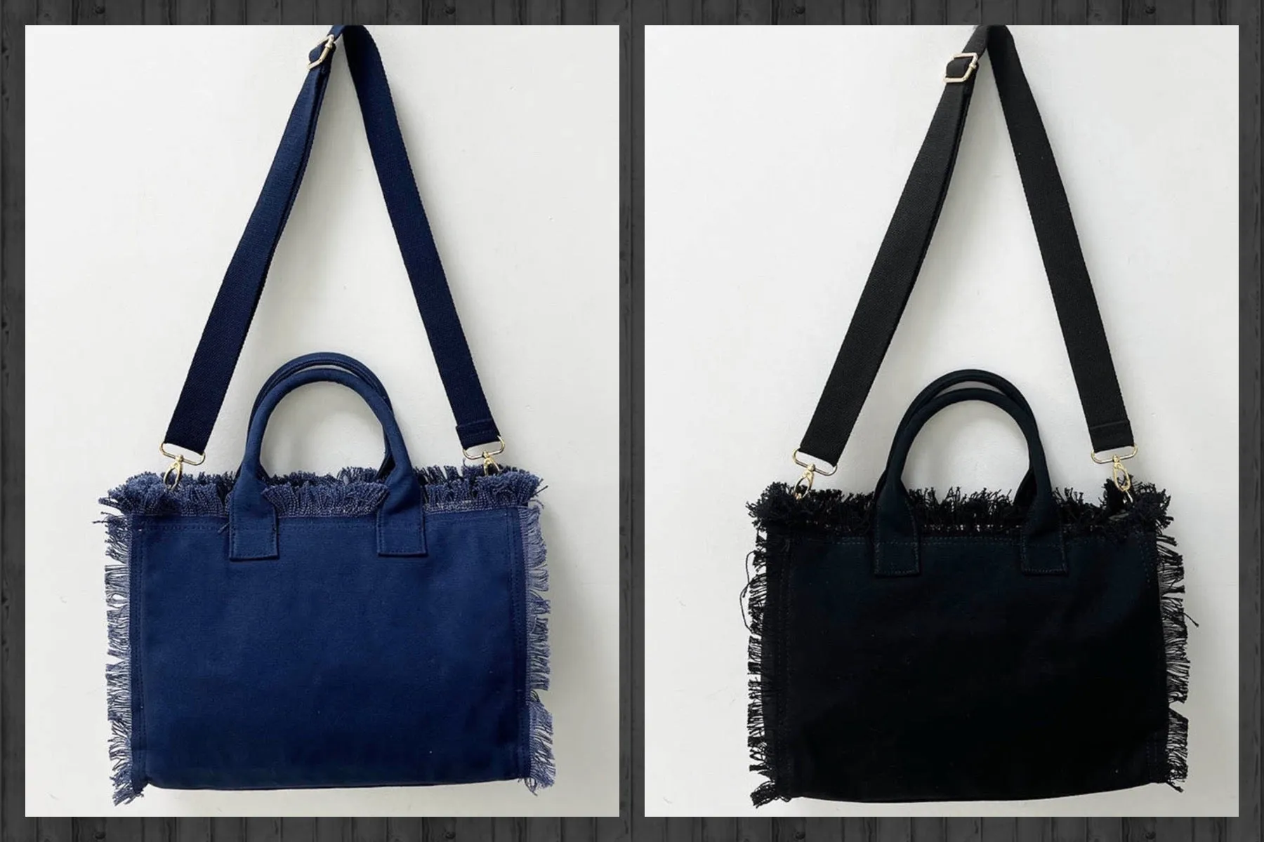 Small Fringe Canvas Tote With Solid Strap - Blue or Black