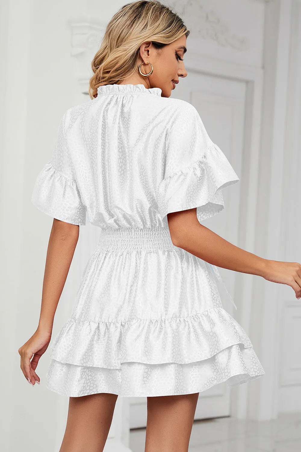 Smocked Tie Neck Flounce Sleeve Dress