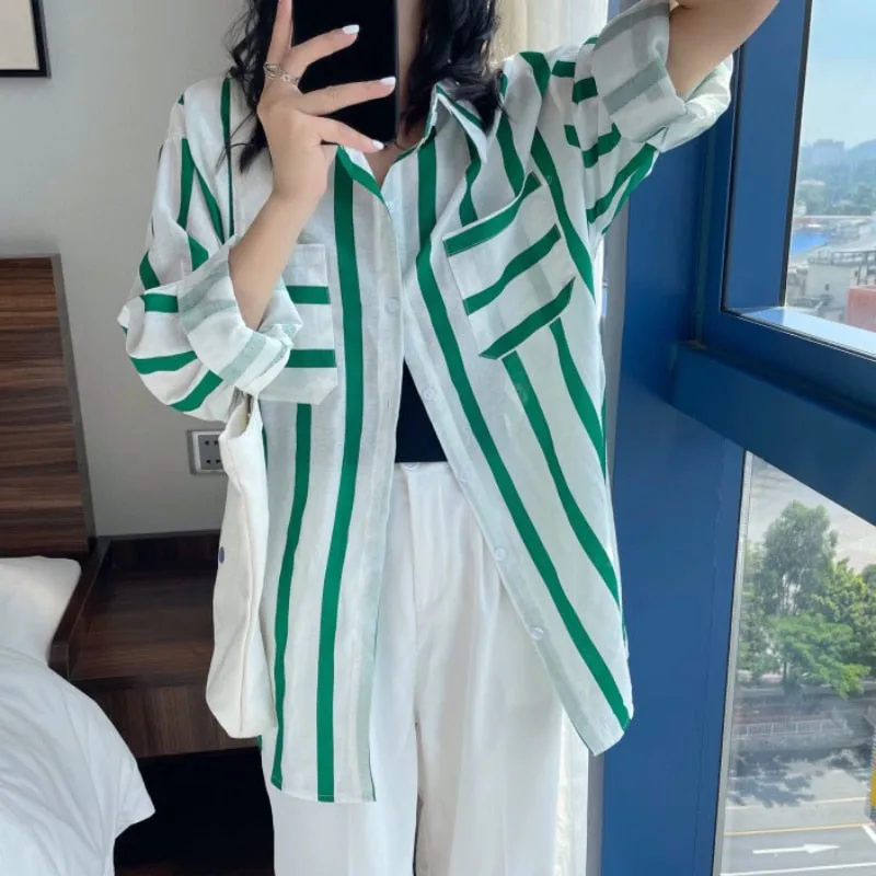 Striped Women Shirts Summer Fashion Beach Sun Protection Long Sleeve Loose White Long Shirt Casual Korean Pocket Tops