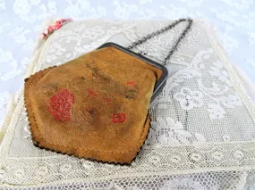 SWEET Antique Doll Size Childrens Purse,Tooled Leather,Girls Purse,Roses and Bird Leather Bag,Perfect For Dolls,Collectible Antique Purses