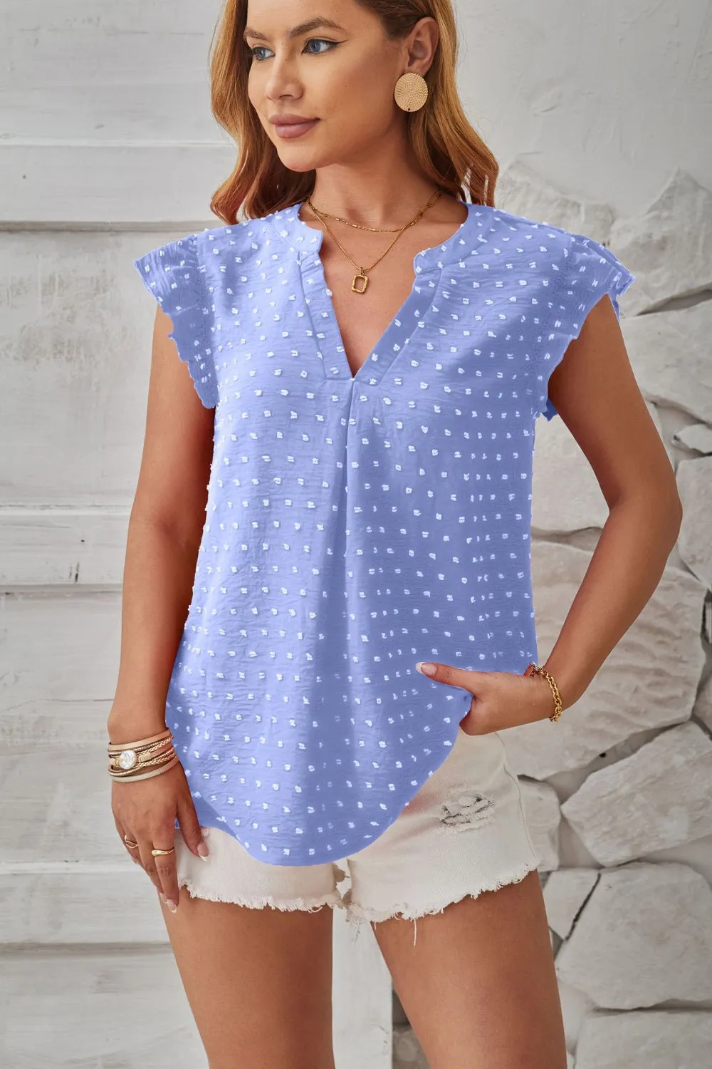 Swiss Dot Ruffled Cap Sleeve T-Shirt