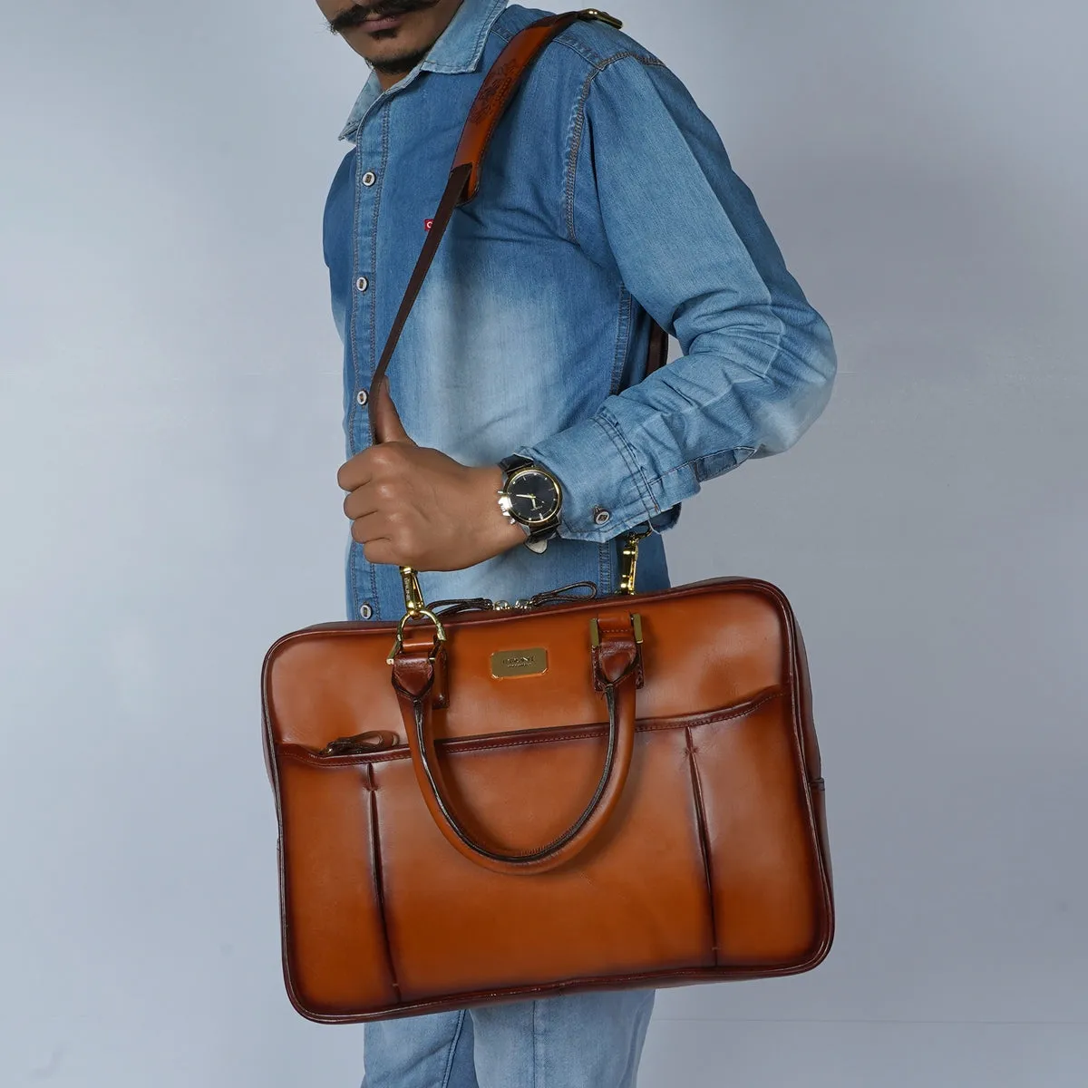 Tan Elegant Look Office Leather Briefcase By Brune & Bareskin