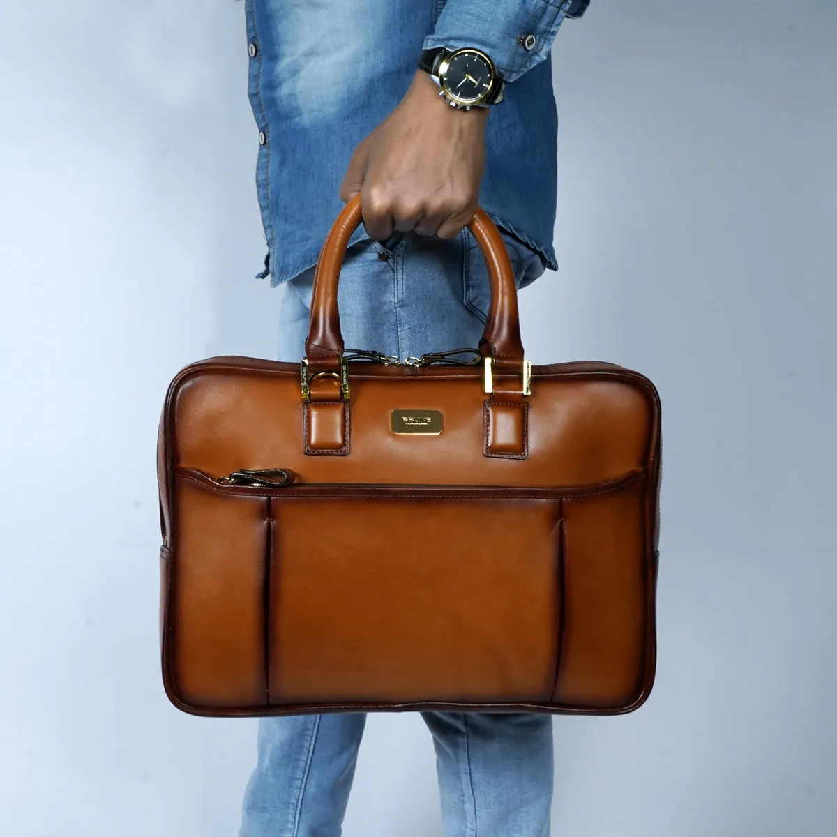 Tan Elegant Look Office Leather Briefcase By Brune & Bareskin