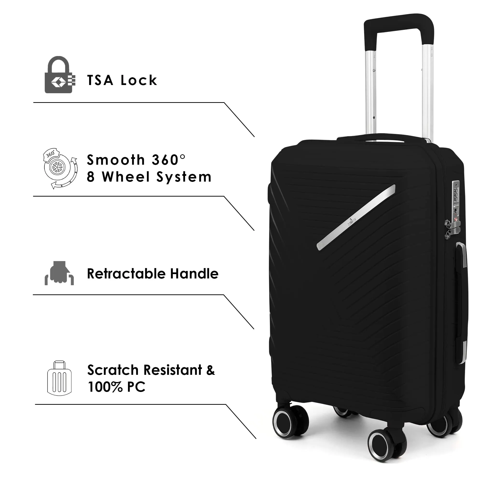 THE CLOWNFISH Combo of 2 Denzel Series Luggage Polypropylene Hard Case Suitcases Eight Wheel Trolley Bags with TSA Lock- Black (Medium 66 cm-26 inch, Small 56 cm-22 inch)