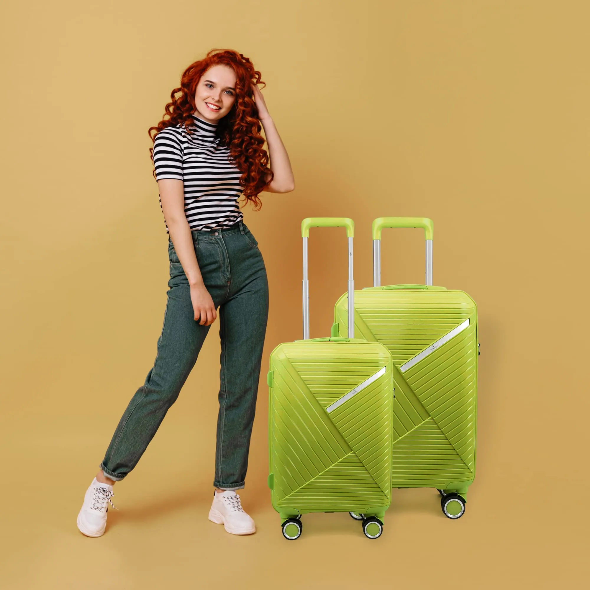 THE CLOWNFISH Combo of 2 Denzel Series Luggage Polypropylene Hard Case Suitcases Eight Wheel Trolley Bags with TSA Lock- Green (Medium 66 cm-26 inch, Small 56 cm-22 inch)