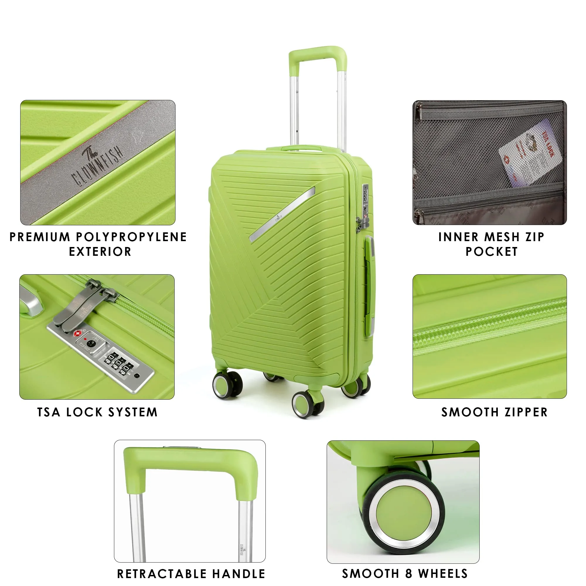 THE CLOWNFISH Combo of 2 Denzel Series Luggage Polypropylene Hard Case Suitcases Eight Wheel Trolley Bags with TSA Lock- Green (Medium 66 cm-26 inch, Small 56 cm-22 inch)