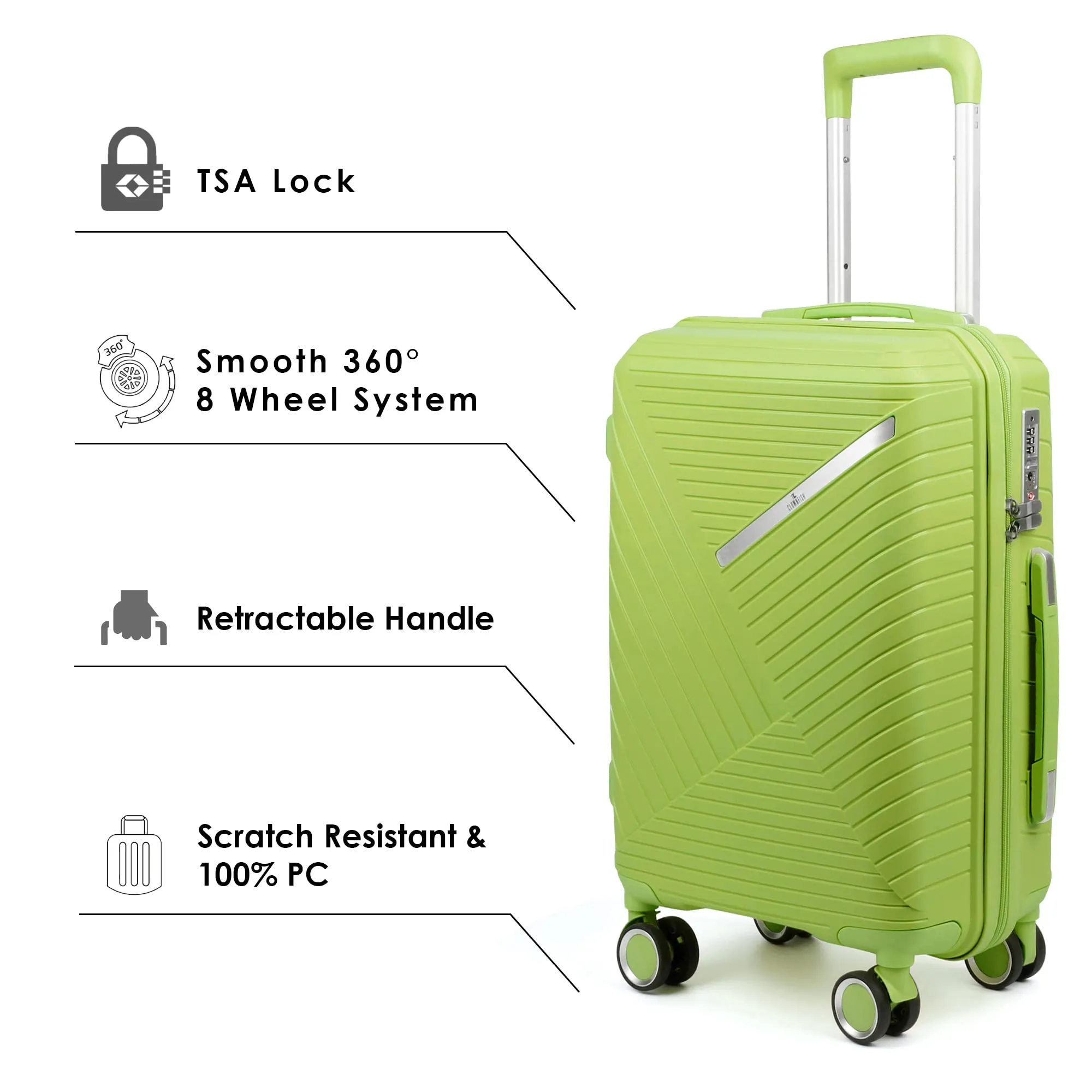 THE CLOWNFISH Combo of 2 Denzel Series Luggage Polypropylene Hard Case Suitcases Eight Wheel Trolley Bags with TSA Lock- Green (Medium 66 cm-26 inch, Small 56 cm-22 inch)