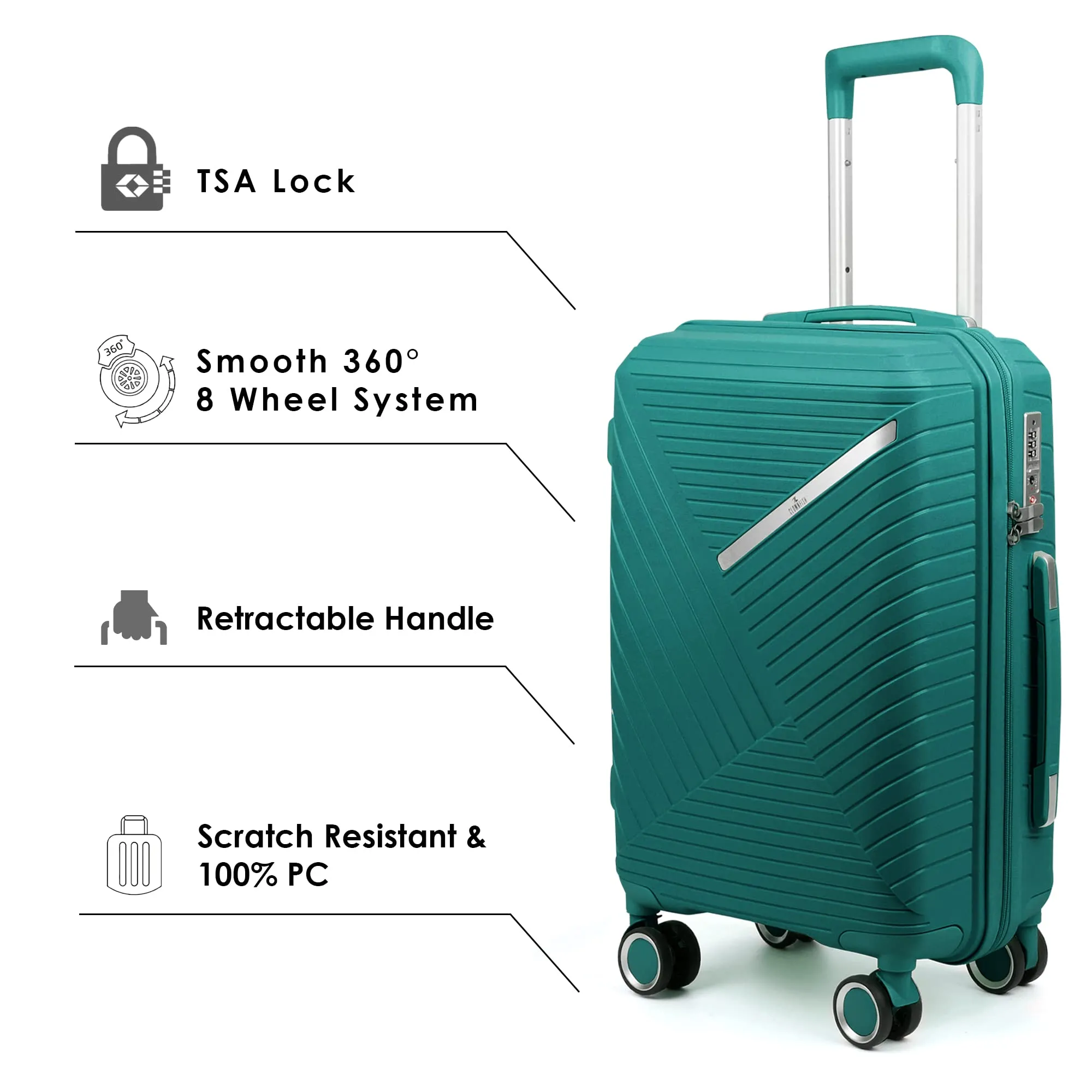 THE CLOWNFISH Combo of 2 Denzel Series Luggage Polypropylene Hard Case Suitcases Eight Wheel Trolley Bags with TSA Lock- Teal (Medium 66 cm-26 inch, Small 56 cm-22 inch)