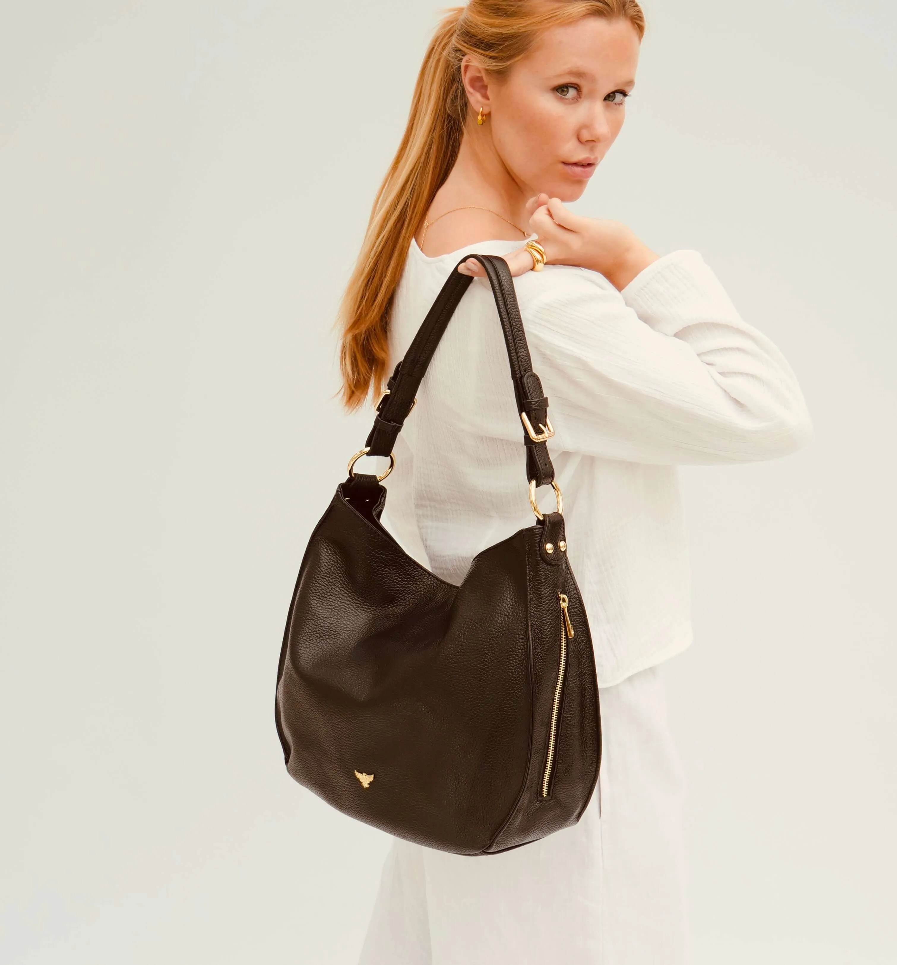 The Harriet Black Leather Bag With Black Arrow Strap